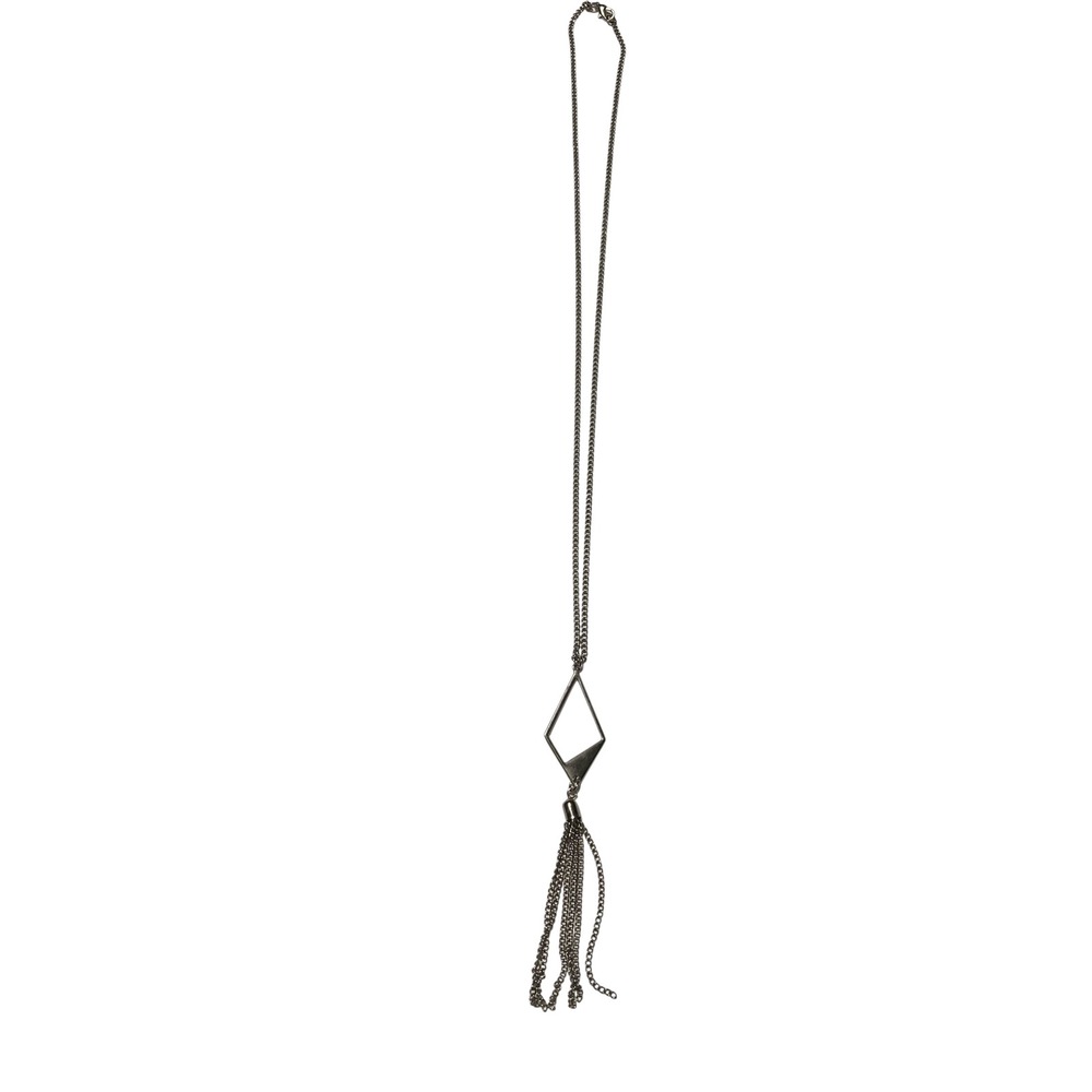 Silver Tone Geometric Diamond Pendant Long Tassel Fringe Curb‎ Chain Necklace